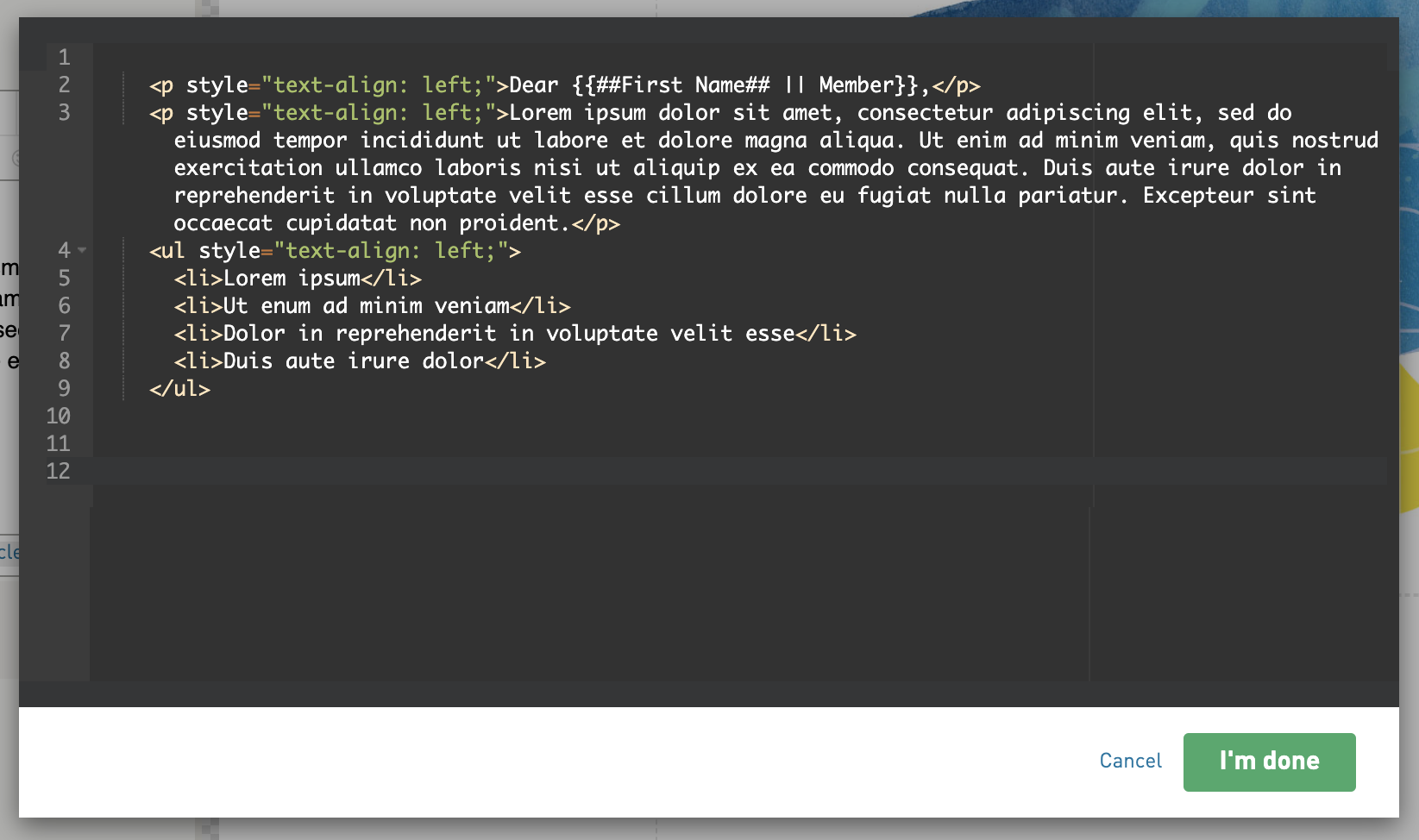 Closeup of HTML code for a block of text inside a dark mode window